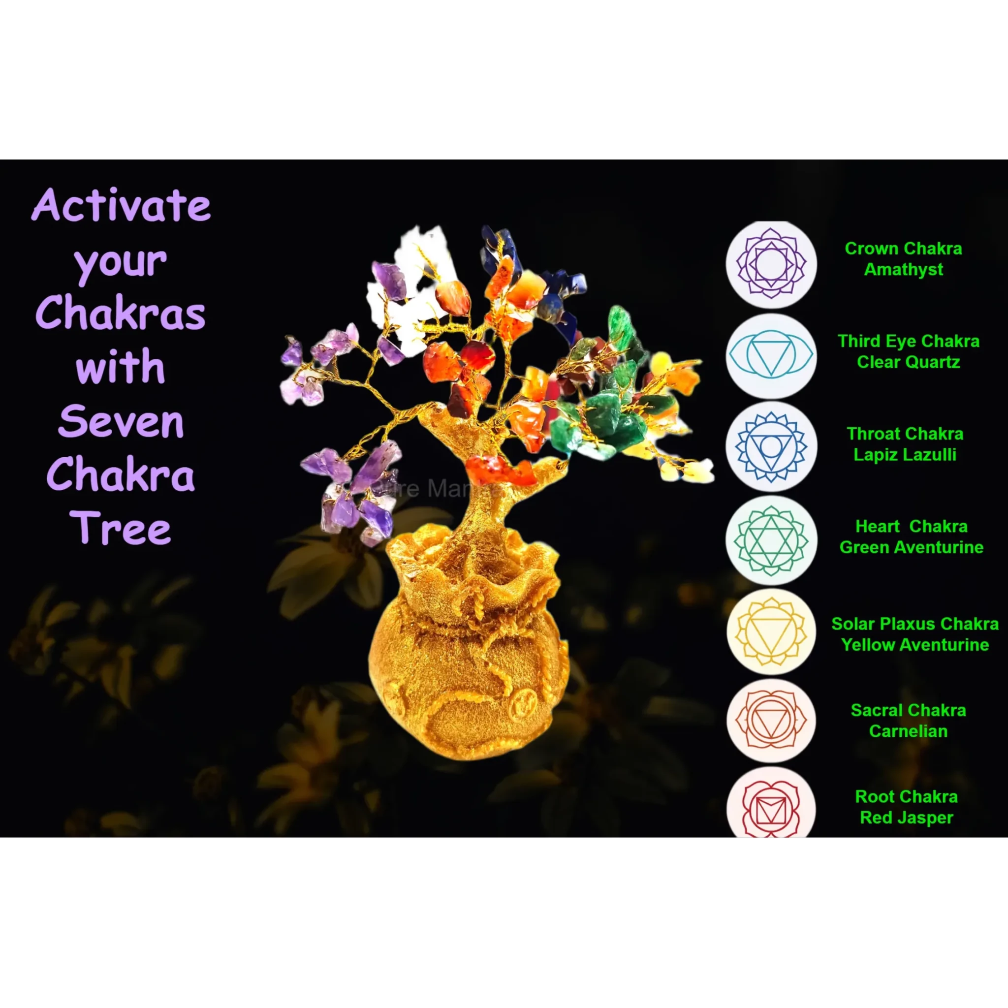 7 Chakra Crystal Bonsai Tree with Golden Money Bag Base(Lab Certified) - Pure Mantra