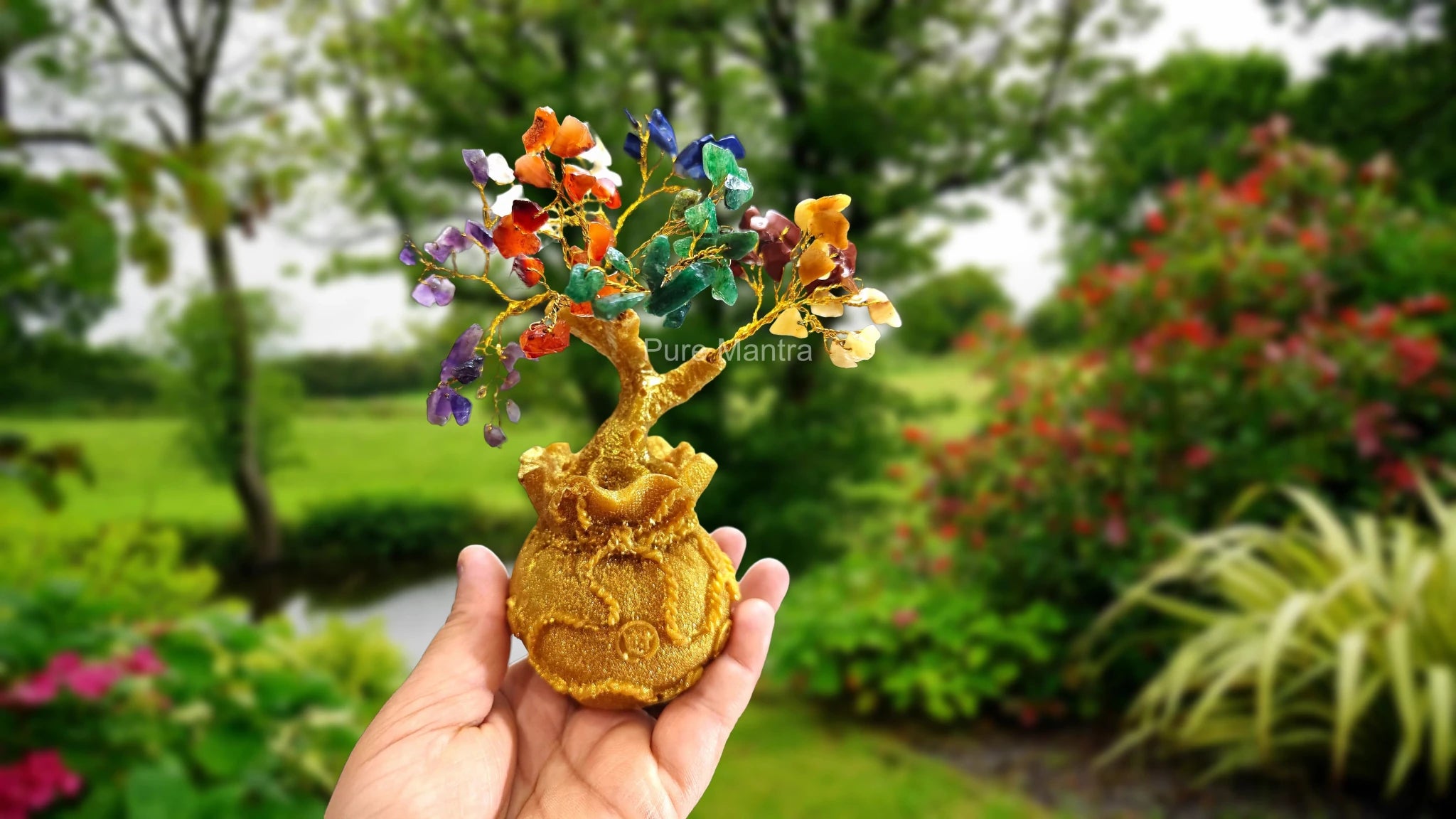 7 Chakra Crystal Bonsai Tree with Golden Money Bag Base(Lab Certified) - Pure Mantra
