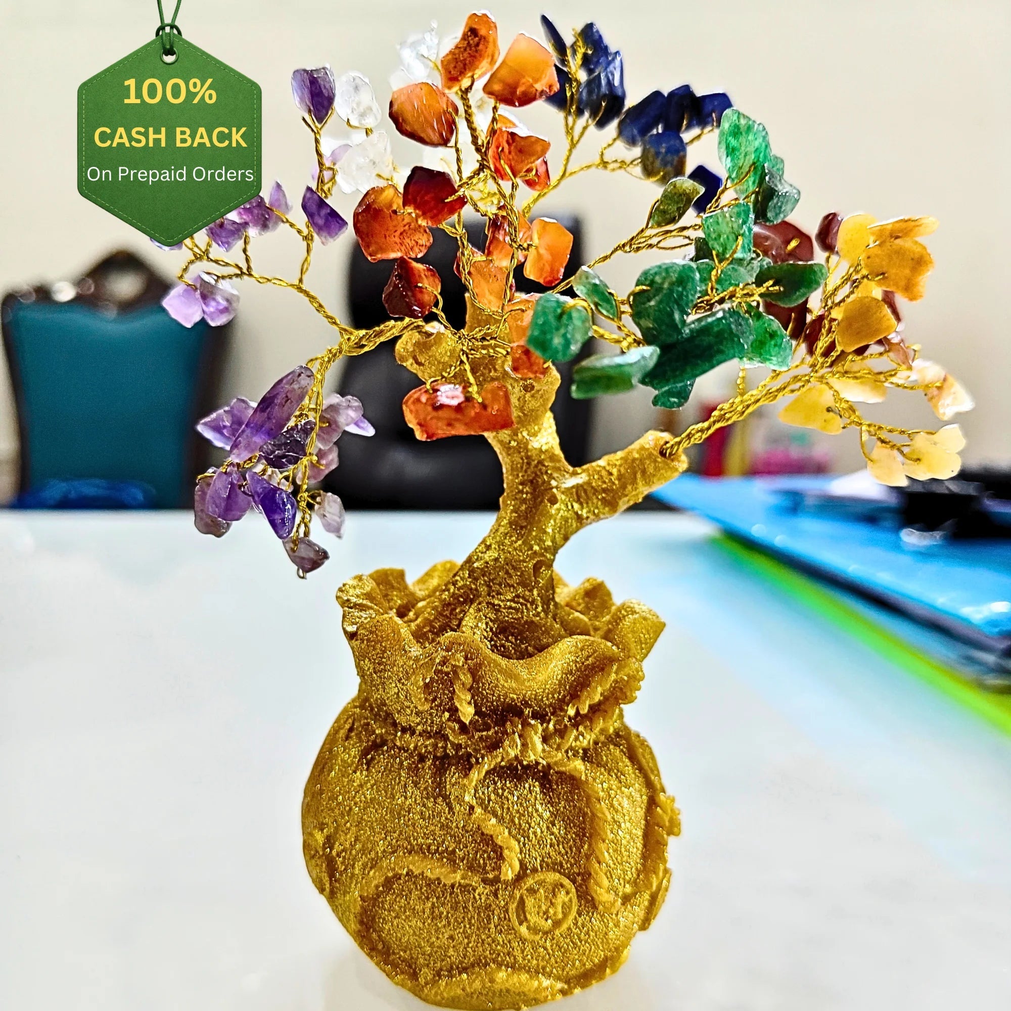 7 Chakra Crystal Bonsai Tree with Golden Money Bag Base(Lab Certified) - Pure Mantra