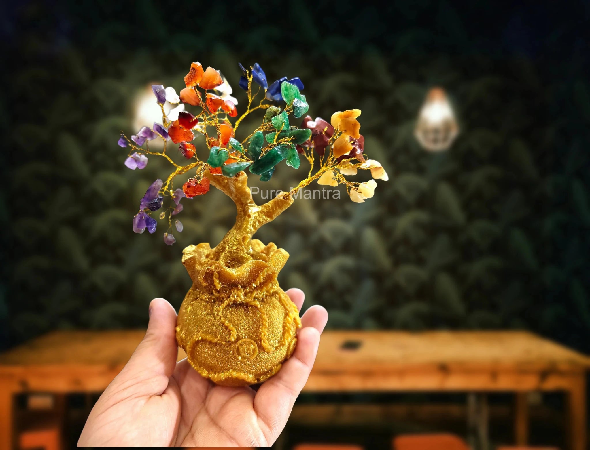 7 Chakra Crystal Bonsai Tree with Golden Money Bag Base(Lab Certified) - Pure Mantra
