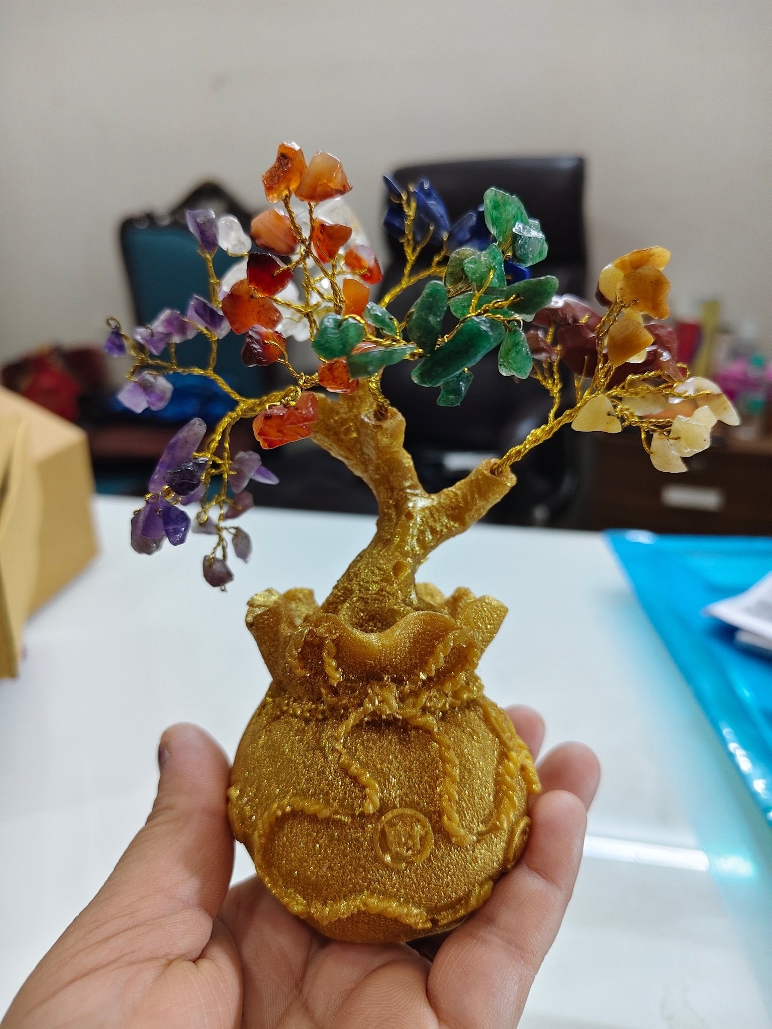 7 Chakra Crystal Bonsai Tree with Golden Money Bag Base(Lab Certified) - Pure Mantra