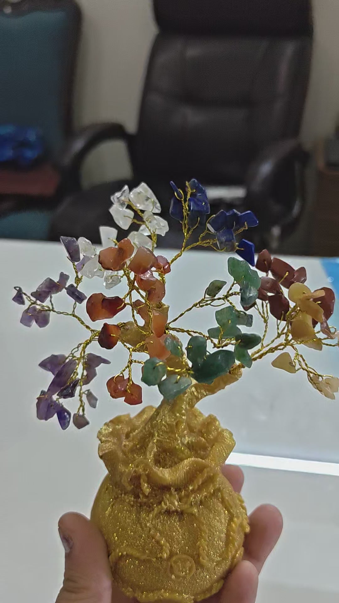 7 Chakra Crystal Bonsai Tree with Golden Money Bag Base(Lab Certified)